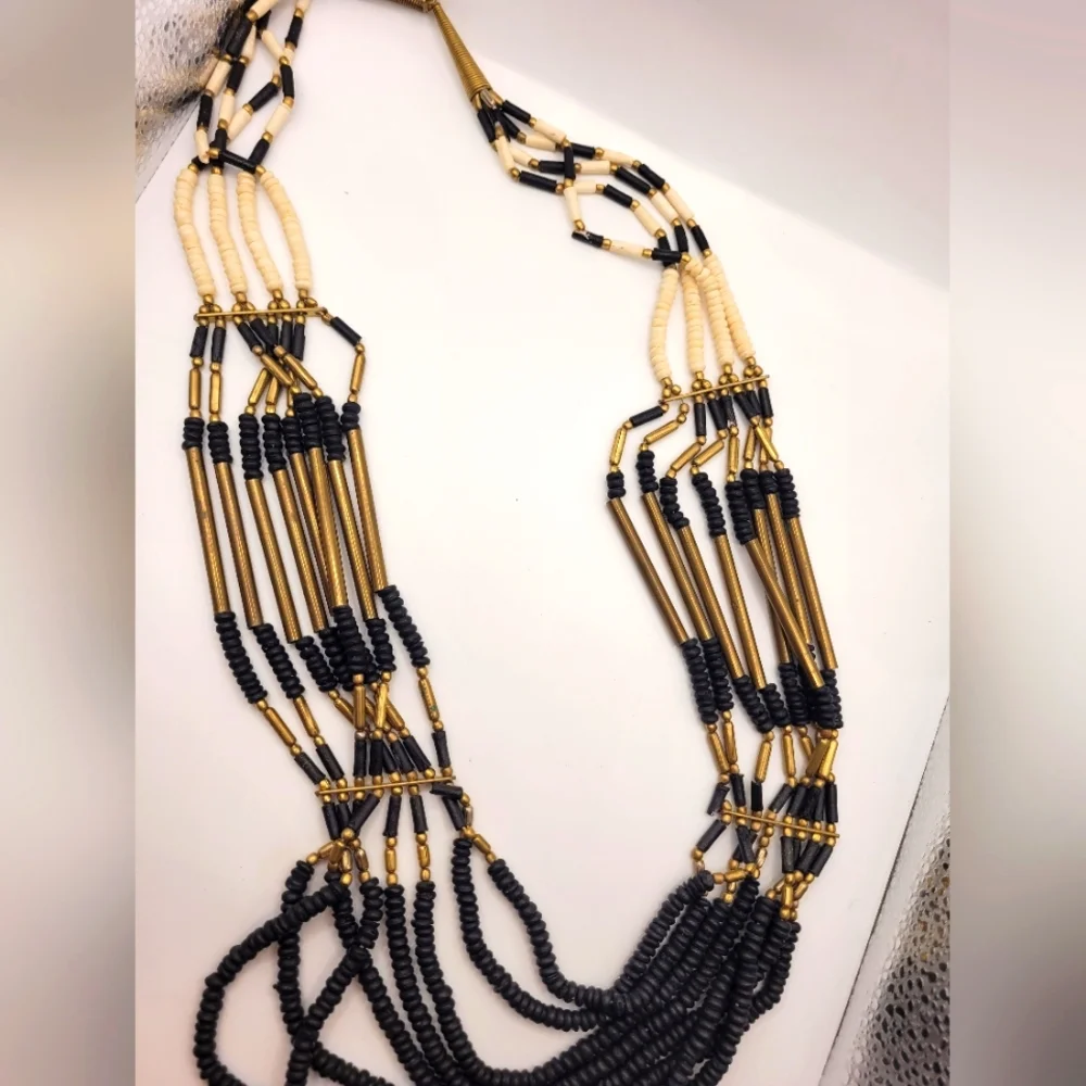 Vintage Black And Brass Beaded Necklace - Picture 1 of 2